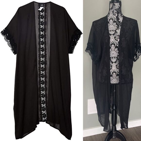 Echo New York Solid Chiffon Kimono with Lace (Black) Women's Clothing - Picture 1 of 3